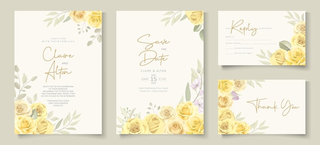 Modèle d'invitation de mariage élégant avec thème floral jaune