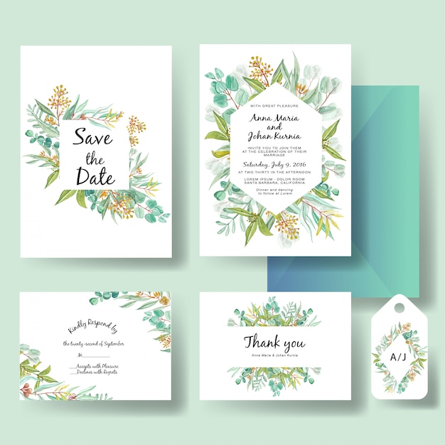 Modèle D'invitation De Mariage D'eucalyptus Vert Feuilles Aquarelle