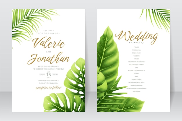 Modèle D'invitation De Mariage Avec Des Feuilles D'été Tropicales Réalistes