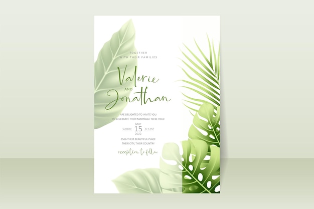 Modèle D'invitation De Mariage Avec Des Feuilles D'été Tropicales Réalistes