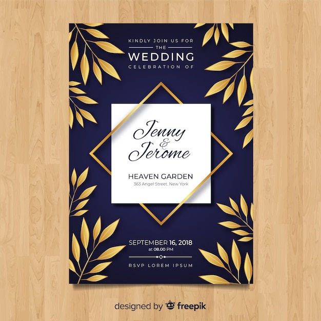 Modèle D'invitation De Mariage Avec Des Feuilles D'or