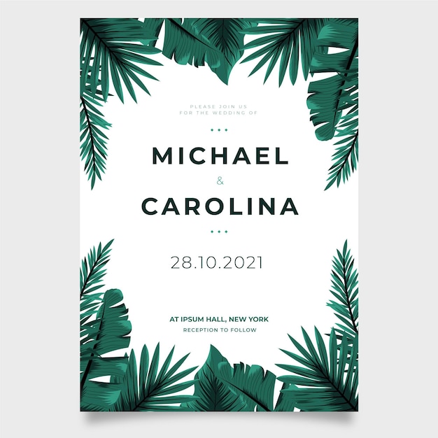 Modèle D'invitation De Mariage Avec Des Feuilles Tropicales