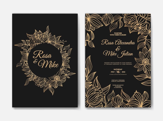 Modèle D'invitation De Mariage Avec Fleur De Contour Or Dessiné à La Main