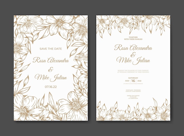 Modèle D'invitation De Mariage Avec Fleur De Contour Or