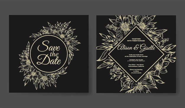 Modèle D'invitation De Mariage Avec Fleur De Contour Or