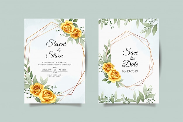 Vecteur modèle d'invitation de mariage avec fleur d'or