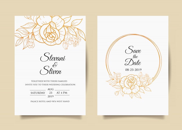 Vecteur modèle d'invitation de mariage avec fleur d'or