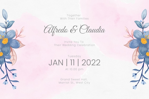 Modèle d&#39;invitation de mariage avec des fleurs d&#39;aquarelle
