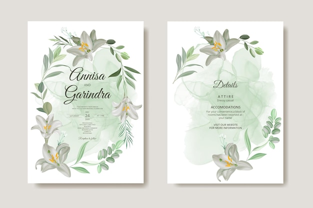 Vecteur modèle d'invitation de mariage à fleurs et feuilles blanches avec fond aquarelle premium vector