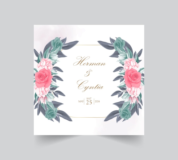 Vecteur modèle d'invitation de mariage floral avec une belle décoration de fleurs et de feuilles