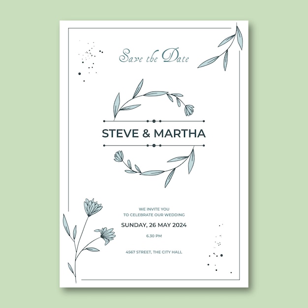 Modèle d'invitation de mariage floral décoration de feuilles dessinées à la main organique