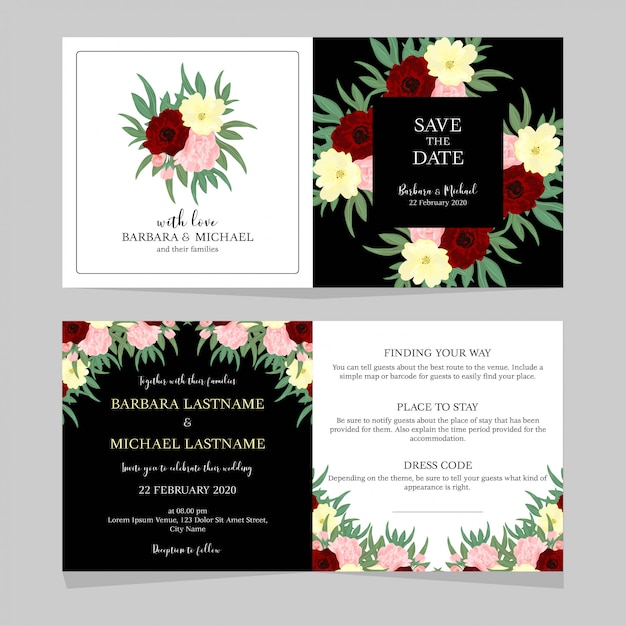 Modèle D'invitation De Mariage Floral Noir Et Blanc