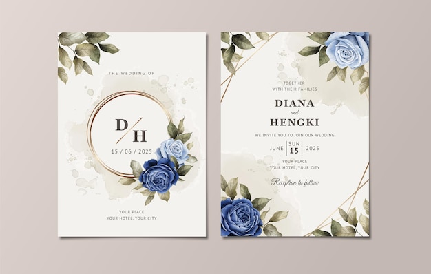 Modèle D'invitation De Mariage Floral Serti D'élégantes Roses Et Feuilles Bleu Marine