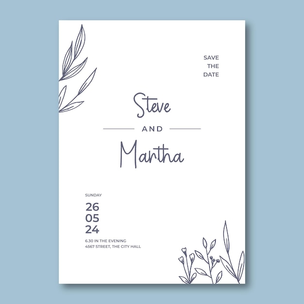 Vecteur modèle d'invitation de mariage floral simple avec décoration de feuilles et de fleurs dessinées à la main organique