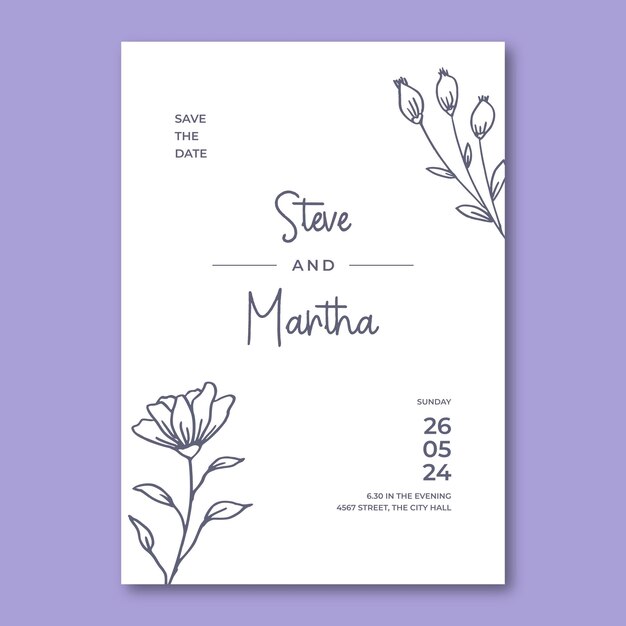 Modèle D'invitation De Mariage Floral Simple Avec Décoration De Feuilles Et De Fleurs Dessinées à La Main Organique