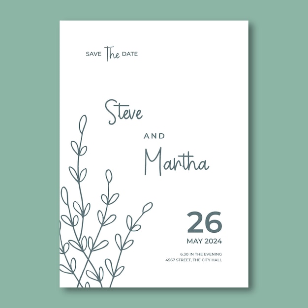 Modèle d'invitation de mariage floral simple avec décoration de feuilles et de fleurs dessinées à la main organique