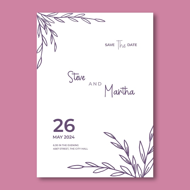 Modèle d'invitation de mariage floral simple avec décoration de feuilles et de fleurs dessinées à la main organique