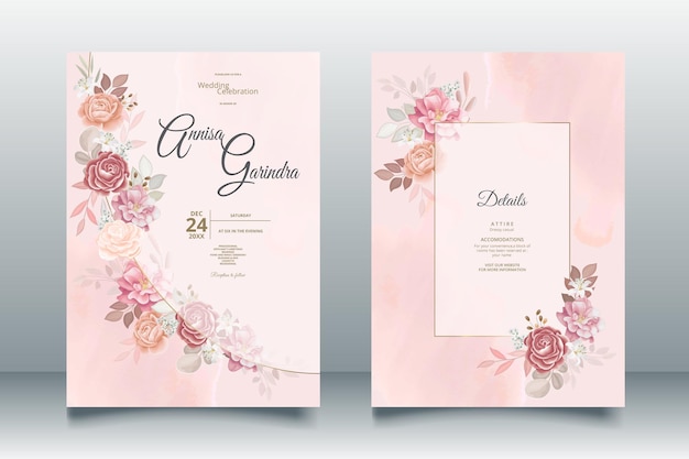 Modèle D'invitation De Mariage Marron Sertie De Cadre Floral Vecteur Premium