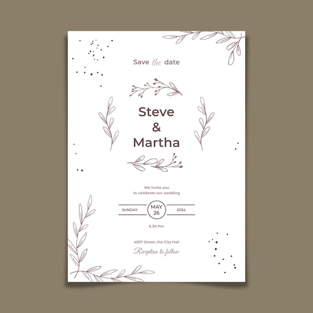 Modèle d'invitation de mariage minimaliste style simple avec décoration florale dessinée à la main