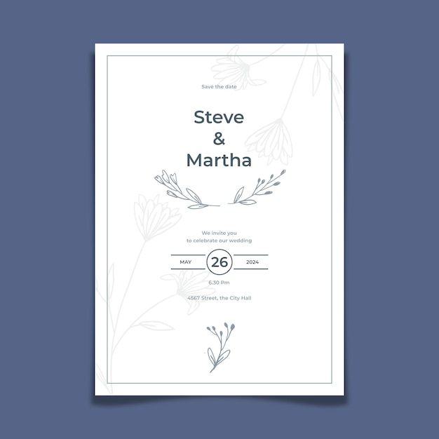 Modèle d'invitation de mariage minimaliste style simple avec décoration florale dessinée à la main