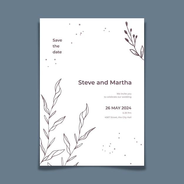 Modèle d'invitation de mariage minimaliste style simple avec décoration florale dessinée à la main