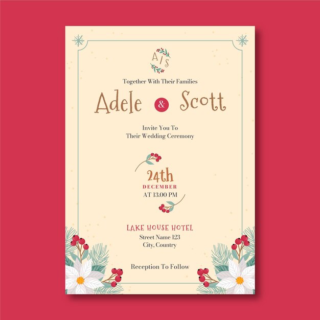 Modèle d'invitation de mariage de noël plat dessiné à la main