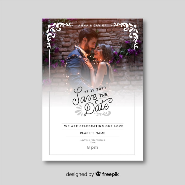 Vecteur modèle d'invitation de mariage ornemental magnifique avec photo