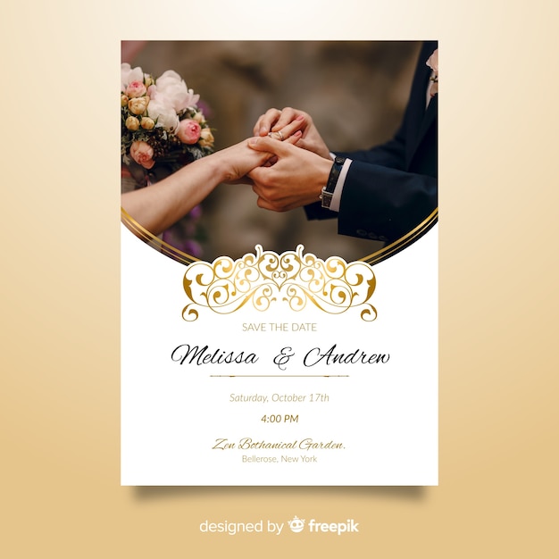 Vecteur modèle d'invitation de mariage ornemental avec photo