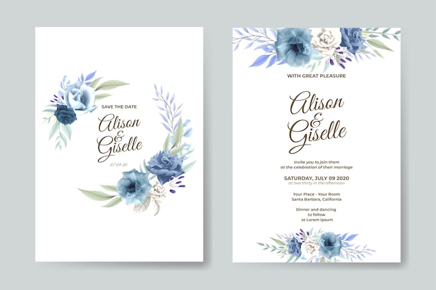 Modèle D'invitation De Mariage Serti De Fleur Rose Bleue