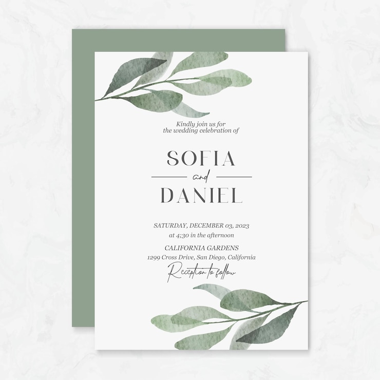 Vecteur modèle d'invitation de mariage de vecteur premium avec des feuilles d'aquarelle