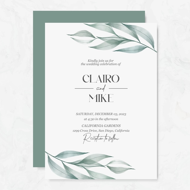 Vecteur modèle d'invitation de mariage de vecteur premium avec des feuilles d'aquarelle