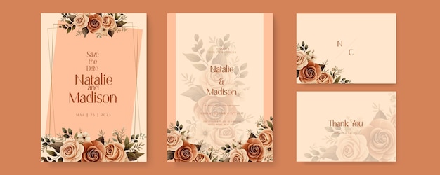 Vecteur modèle d'invitation de mariage vectoriel de rose rustique beige et brune avec des fleurs et des feuilles aquarelle