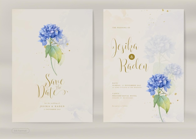 Vecteur modèle d'invitation de mariage vintage avec aquarelle de fleurs d'hortensia