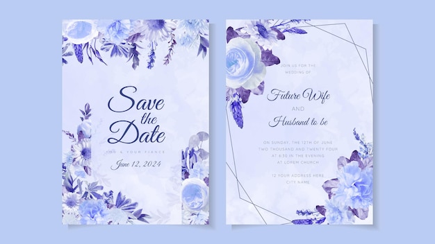 Modèle d'invitation de noce de mariage de fleurs florales bleues élégantes