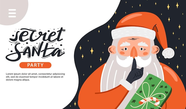 Modèle D'invitation Secrète Du Père Noël Le Père Noël Montre Un Geste Silencieux Avec Un Cadeau Et Un Lettrage