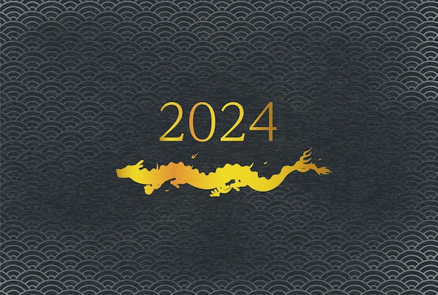 Modèle japonais Carte de voeux du Nouvel An pour l'année 2024 silhuette dorée du dragon et l'année 2024 vague de mer bleue Fond de modèle japonais Matériel de carte postale du Nouvel An