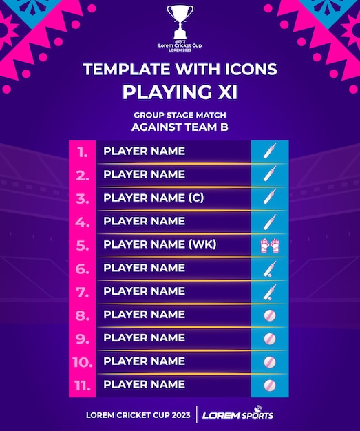 Vecteur modèle de jeu de 11 de l'équipe de cricket avec icônes du dépliant du jour du match