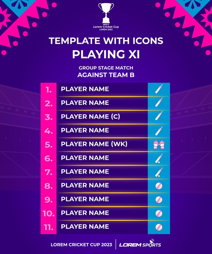 Vecteur modèle de jeu de 11 de l'équipe de cricket avec icônes du dépliant du jour du match