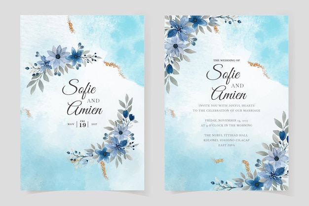 Modèle de jeu de cartes d'invitation de mariage avec des fleurs bleues et des feuilles aquarelle