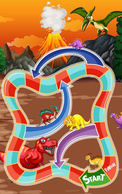 Modèle de jeu serpent et échelles sur le thème des dinosaures