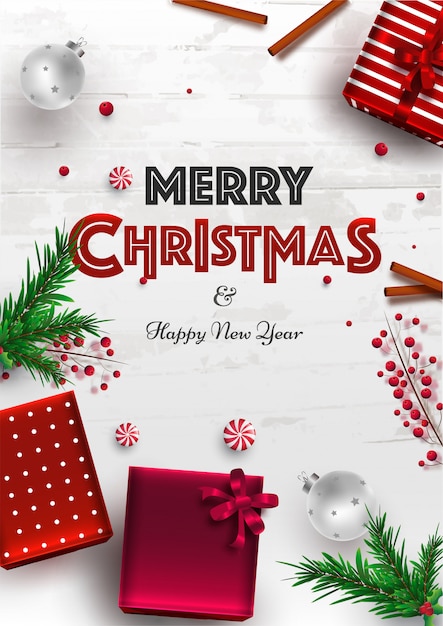 Modèle De Joyeux Noël Et Bonne Année Ou Flyer Avec Vue De Dessus Des Coffrets Cadeaux, Feuilles De Pin, Baies Et Boules