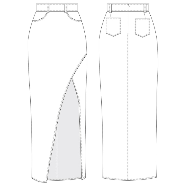 Vecteur modèle de jupe longue maxi fente dessin technique dessin plat croquis cad mockup denim jean femme de mode desi