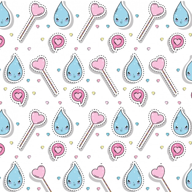 Modèle Kawaii De Gouttes D'eau Et De Coeurs