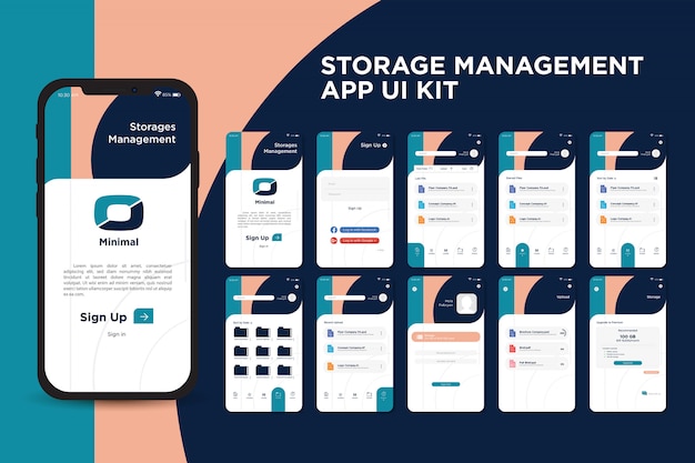 Vecteur modèle de kit d'interface utilisateur d'application de gestion du stockage moderne inspirant