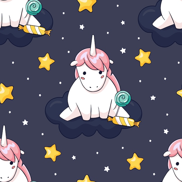 Modèle De Licorne Sans Couture Dessiné Main Avec étoiles Et Bonbons