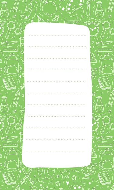 Vecteur modèle de liste de notes pour le planificateur pour faire la liste du contenu du journal de balle page blanche blanche sur fond vert avec des éléments scolaires dans un style doodle