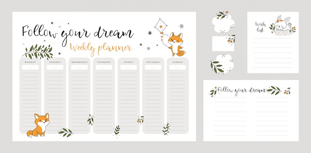 Vecteur modèle de liste de souhaits, page de planification hebdomadaire avec des bébés renards et des lapins mignons dans un style de bande dessinée doodle