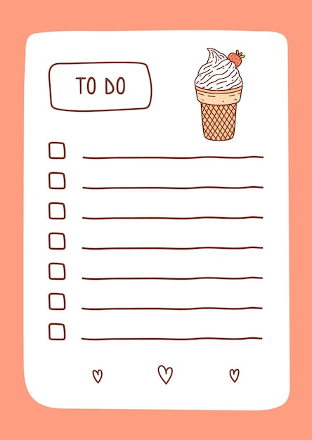 Modèle de liste de tâches décoré par de la crème glacée à la fraise Conception mignonne du planificateur quotidien d'horaire