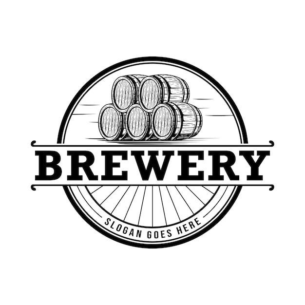 Modèle de logo de brasserie vintage avec vecteur de tonneau en bois de bière