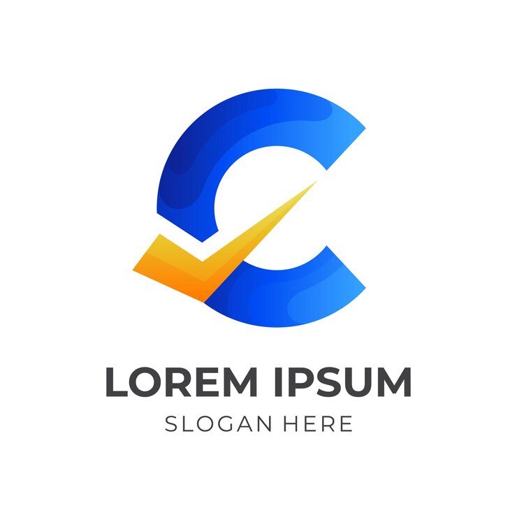 Modèle de logo de choix de lettre C, lettre C et chèque, logo combiné avec style de couleur bleu et jaune 3d